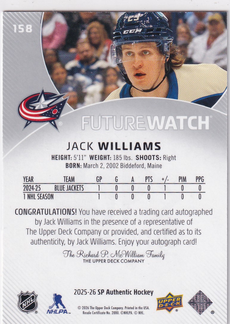  2025-26 SP Authentic #158 Jack Williams FW AU/949* RC