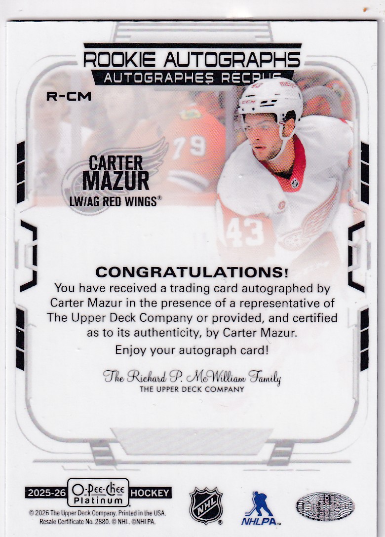 2025-26 O-Pee-Chee Platinum Rookie Autographs #RCM Carter Mazur