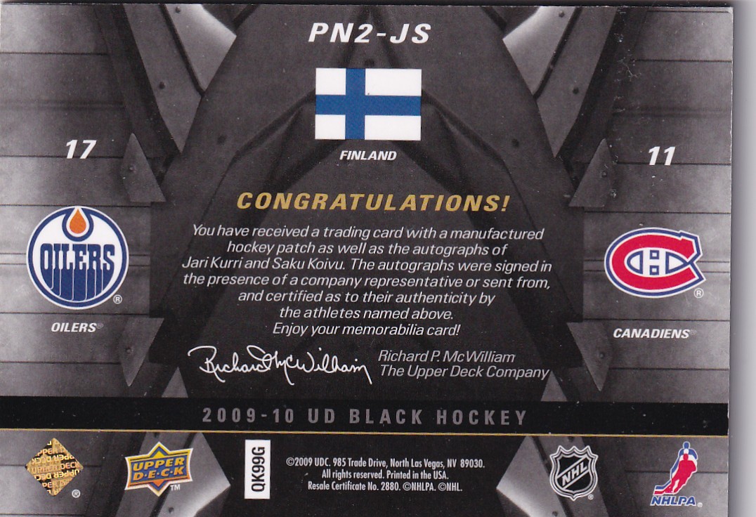  2009-10 UD Black Pride of a Nation Patches Autographs Dual #PN2JS Saku Koivu/Jari Kurri