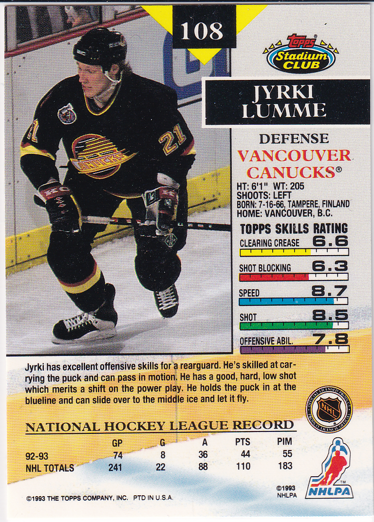 1993-94 Stadium Club #108 Jyrki Lumme