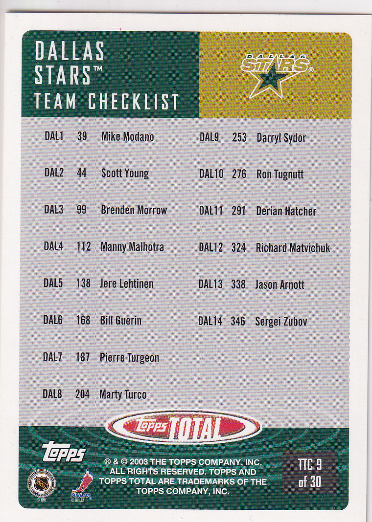 2002-03 Topps Total Team Checklists #TTC9 Mike Modano