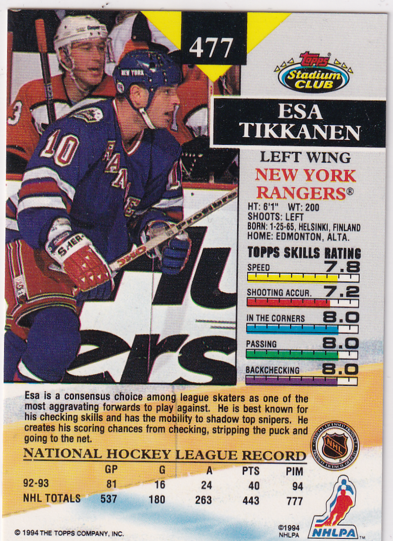 1993-94 Stadium Club #477 Esa Tikkanen