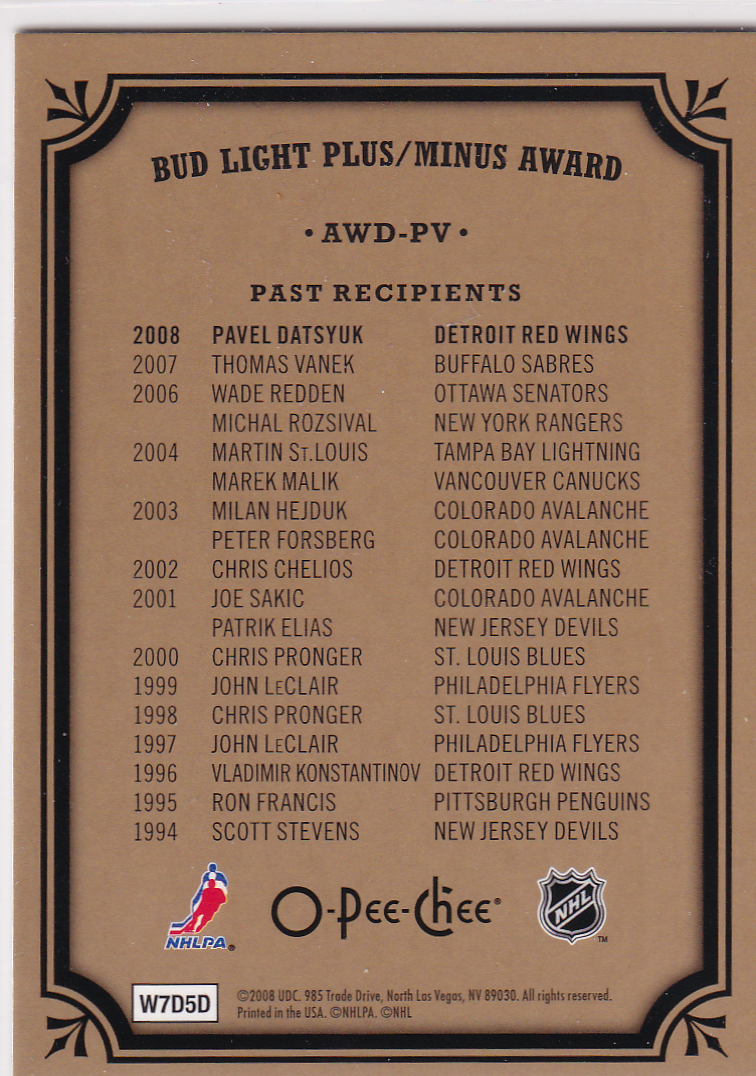2008-09 O-Pee-Chee Trophy Cards #AWDPV Plus/Minus Award