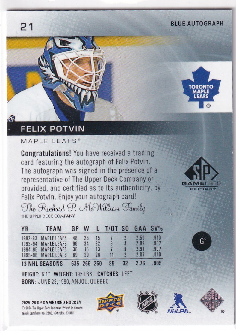  2025-26 SP Game Used Autographs Blue #21 Felix Potvin