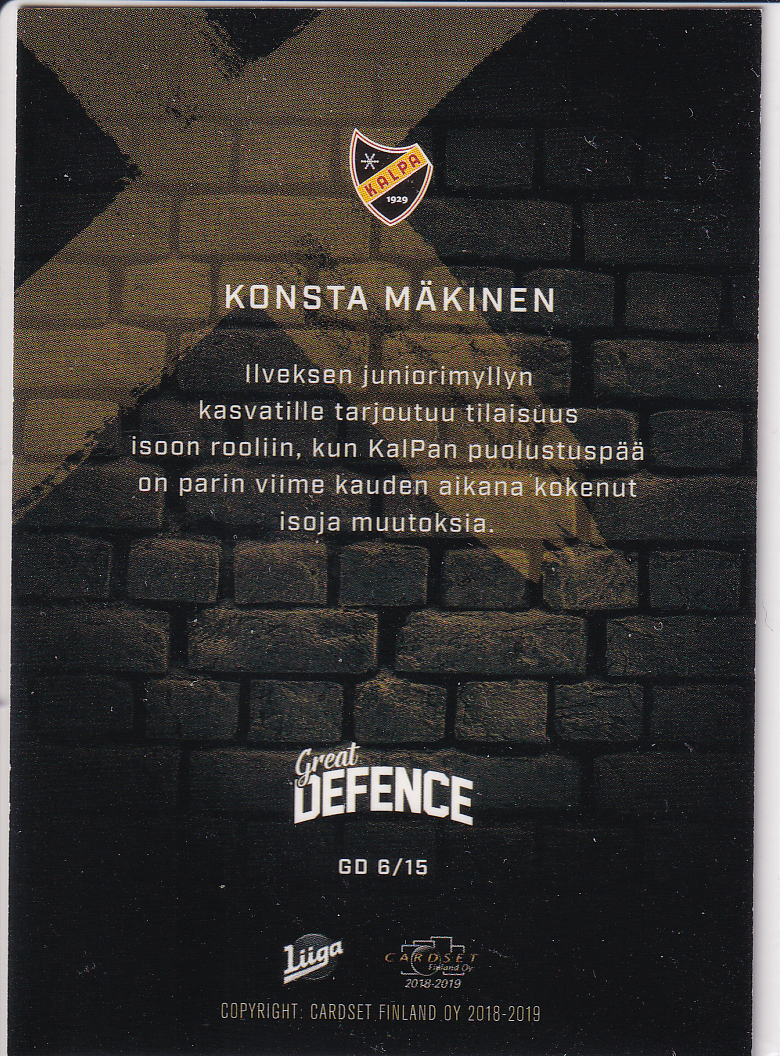 2018-19 Cardset Finland Great Defence #GD6 Konsta Mäkinen