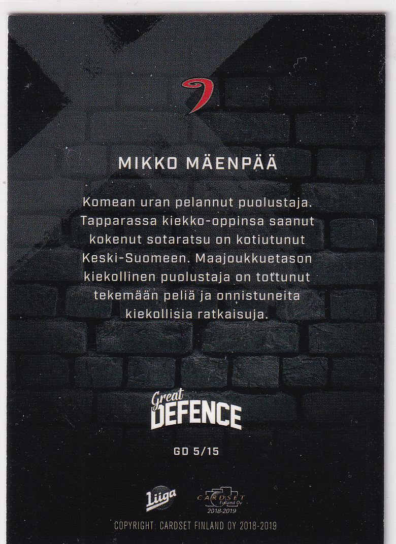 2018-19 Cardset Finland Great Defence #GD5 Mikko Mäenpää