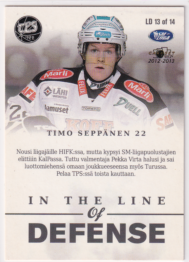2012-13 Cardset In the Line of Defense #LD13 Timo Seppänen