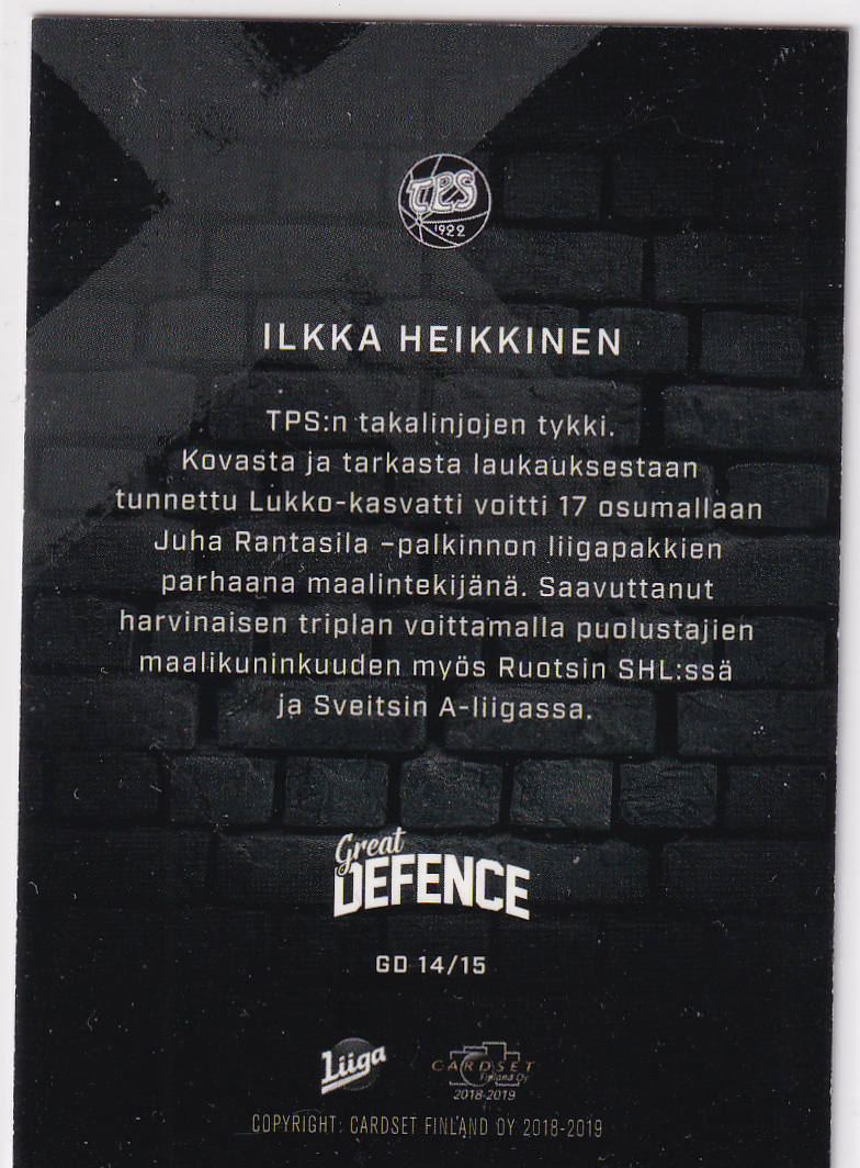 2018-19 Cardset Finland Great Defence #GD14 Ilkka Heikkinen