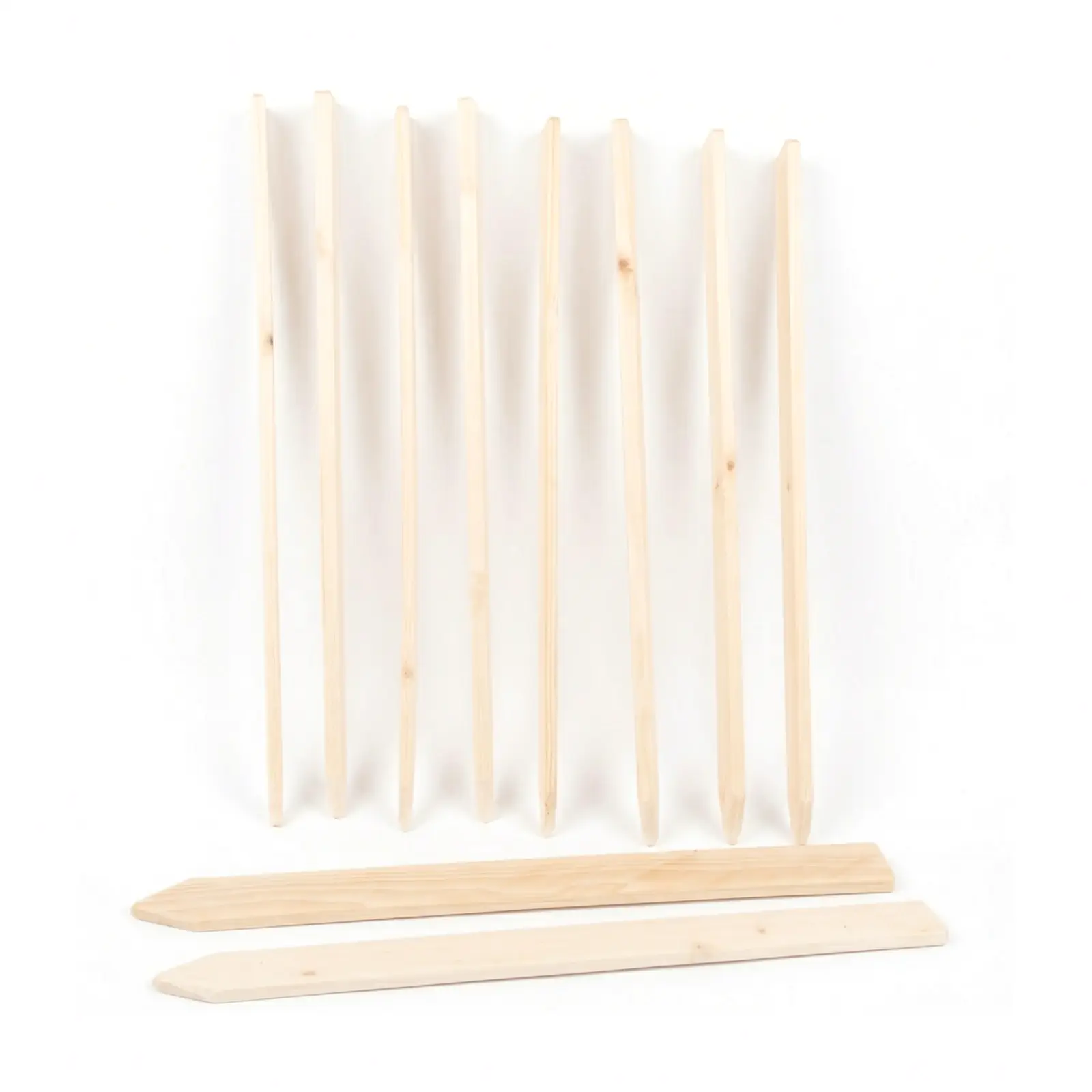 Kuusipuisia kasvien merkkitikkuja. Osa kuvattu suoraan sivusta.