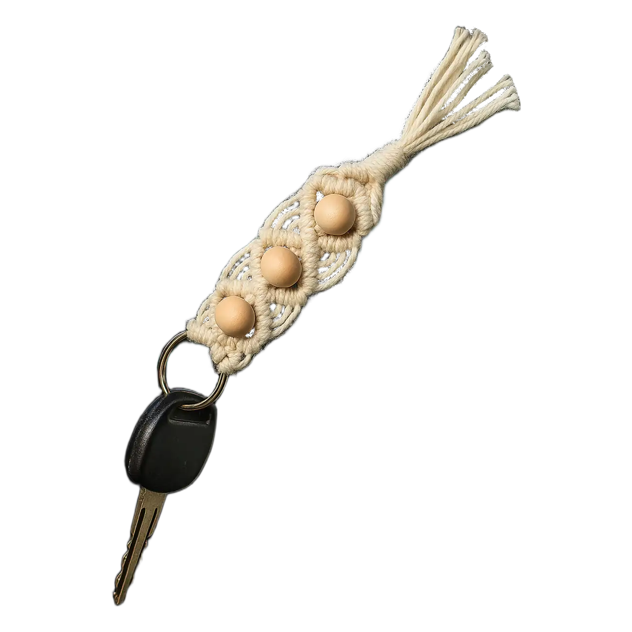 Makramee avaimenper&auml; puuhelmill&auml;