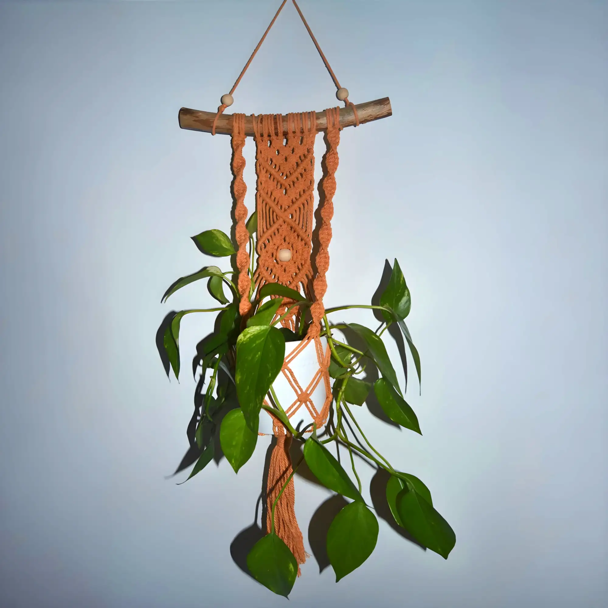 Uniikki Makramee-sein&auml;amppeli luonnonpuulla &ndash; Kurpitsa (ilman ruukkua)